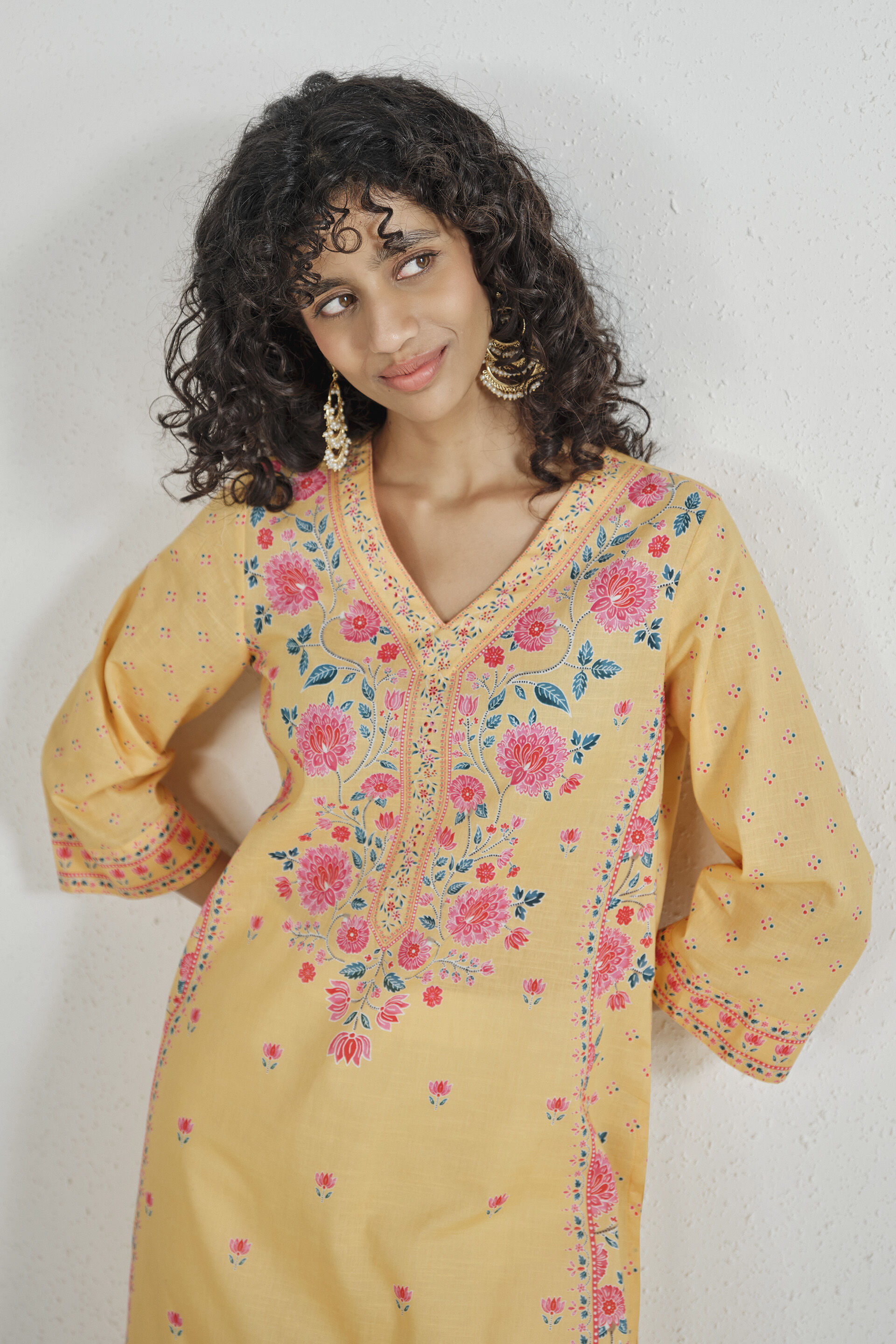 Butter Yellow Printed Cotton Kurta, Yellow, image 4